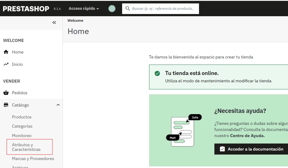 Acceso al panel de administración de PrestaShop para atributos y características