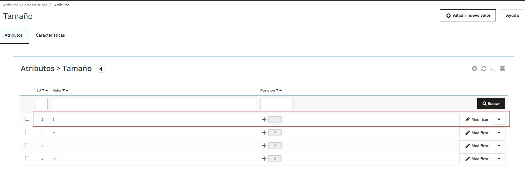 Valores de un atributo cargados en PrestaShop