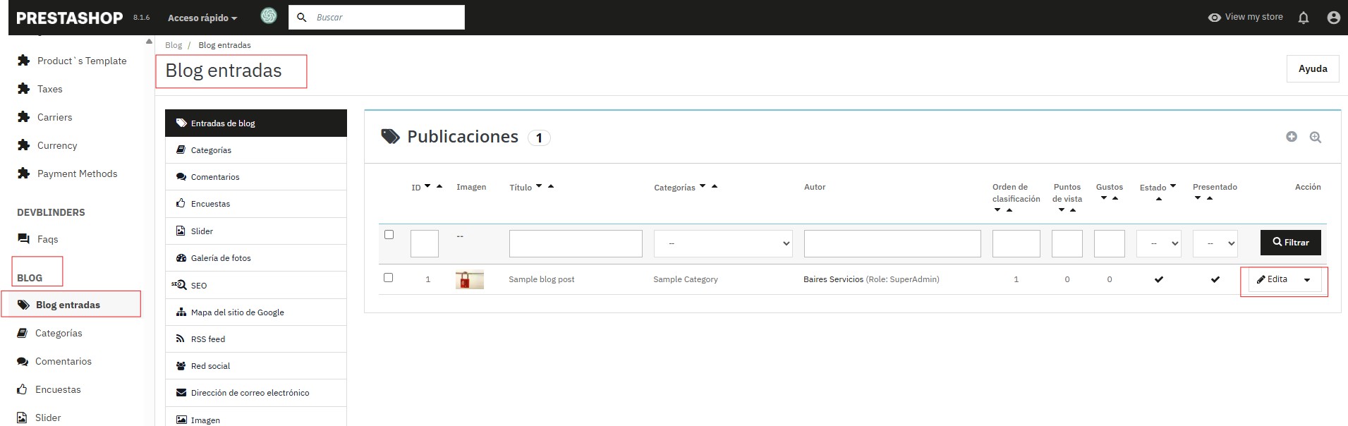 Vista de Blog → Entradas (seleccionar nota y Editar)